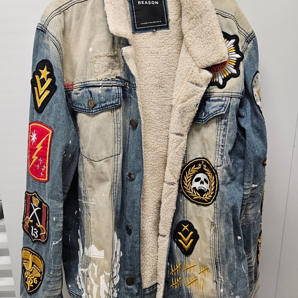 Reason Men's Blue and Tan Denim Jacket with Patches